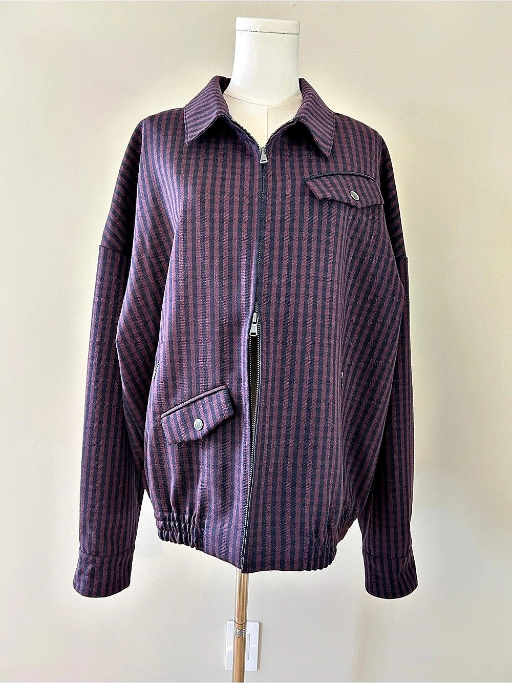 Tibi Cedric Suiting Bomber Jacket Striped in Navy Multi Size Large